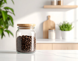 Coffee Beans in Glass Jar on Kitchen Countertop