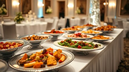 Elegant wedding buffet table with gourmet dishes on silver platters under soft lighting.