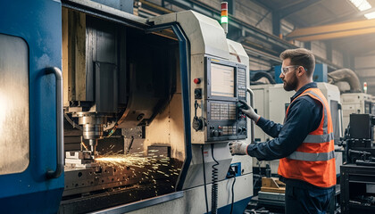 Inside an advanced factory, an operator uses a CNC interface to command automated cutting, with glowing sparks highlighting precision engineering at work.