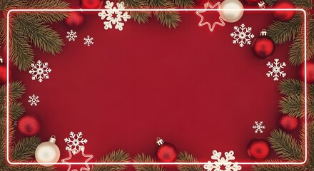 Christmas neon frame with snowflakes, baubles, garland, and fir tree twigs on red background