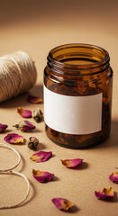 Aromatic potpourri blend in amber jar with dried rose petals for home decor and fragrance