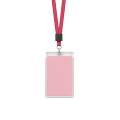 Empty pink identification card on a red lanyard.