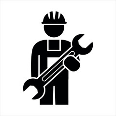 Black silhouette of a worker in hard hat holding a large wrench tool