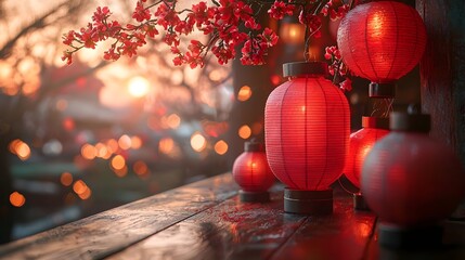 Vibrant red lanterns hanging amidst a festive outdoor scene