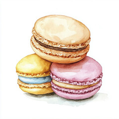 Watercolor yellow pink macaroons. Pastry picture for design on white background