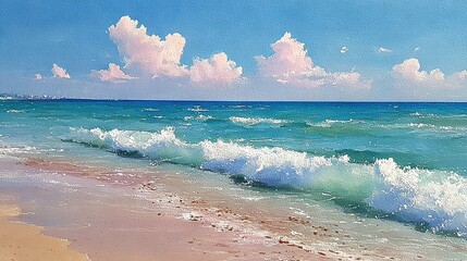   A painting depicts a serene beach scene with crashing waves reaching the shoreline The sky above is a captivating blend of blue and white, adorned with fluffy clouds