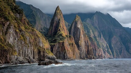   A group of mountains is situated beside a body of water with a boat in the midst of the water, directly facing them