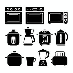 Collection of essential kitchen appliances vector design featuring ovens microwave pots kettle coffee maker blender and toaster ideal for cooking and food preparation