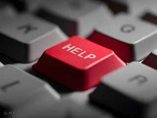 Red Help Key on Computer Keyboard Close-Up for Support Concept