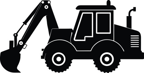Naklejka premium Backhoe loader silhouette, construction vehicle line art, heavy equipment vector, excavator outline drawing, minimal machinery icon