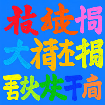 Sinicization - overlapping multicolor letters written on blue background