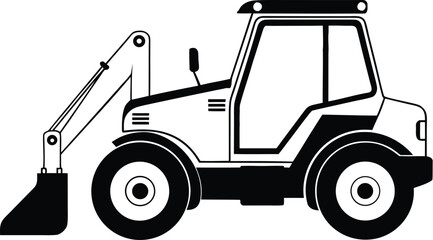 Backhoe loader silhouette, construction vehicle line art, heavy equipment vector, excavator outline drawing, minimal machinery icon