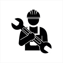Black silhouette of a worker wearing a hard hat holding a large wrench tool