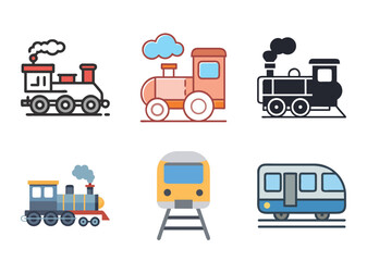 Collection of Colorful Cartoon Train Bundle Set Of and Subway Icons on White Background