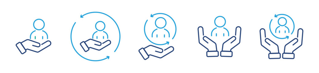 Hand holding person icon representing recruitment, hiring, and human resource concept