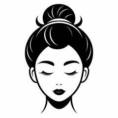 Elegant woman with messy bun and closed eyes silhouette isolated on white background