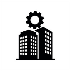 Black silhouette of two buildings with a gear above them on white background office architecture