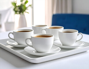 Five White Coffee Cups on a Tray
