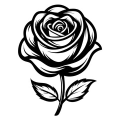 Elegant black rose silhouette with leaves isolated on white background