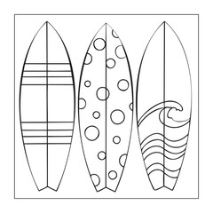 Set of Surfboards with Different Patterns, Coloring Page Vector