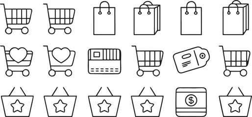 Isolated black shopping icons, cart, bag, checkout, buy, sell, product, order, tag, barcode, wishlist, fast delivery, add to cart, store, receipt, review, discount, e commerce, shop, editable vector