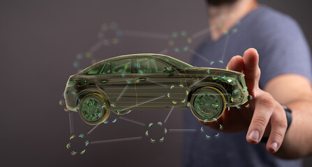 Futuristic car design concept.  Innovative technology and digital transformation in the automotive industry.