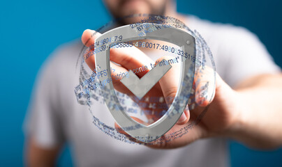 Image of a person holding a digital shield with a check mark, symbolizing data security and...