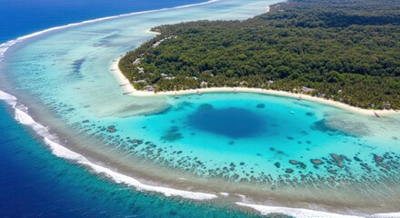 Obraz premium Breathtaking Aerial View of Tropical Island Paradise Featuring Lush Greenery, Turquoise Waters, and a Stunning Blue Hole in the Pacific Ocean