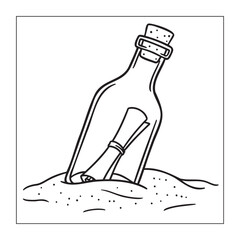 Message in a Bottle on the Beach, Coloring Page Illustration