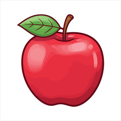 Red apple with green leaf and brown stem cartoon illustration fruit food