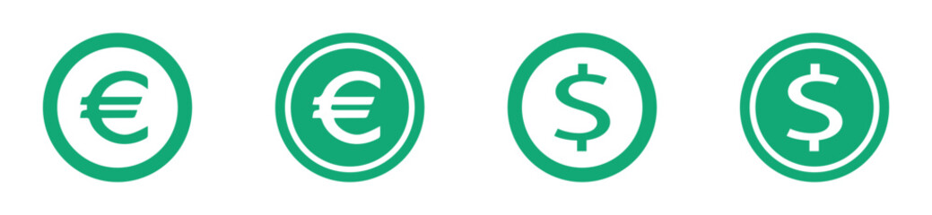 Collection of green dollar and euro icons representing money, payment, banking, and earnings concepts. Modern vector design for finance, economy, and investment illustrations.