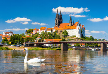 Awesome view on Albrechtsburg castle and cathedral on the river Elbe. Meissen, Saxony, Germany