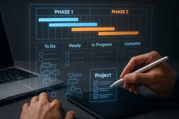 Project management planning board showing task progress workflow and digital Gantt chart for team collaboration using futuristic transparent interface on tablet and laptop