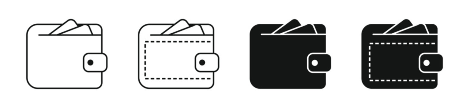 Set of mobile wallet icons with identical proportions and poses in four variations &mdash; solid, glyph, outline, and flat.