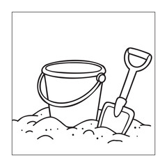 Sand Bucket and Shovel on the Beach, Coloring Page for Kids

