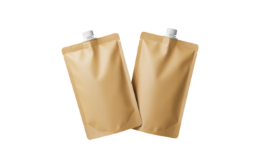 Two golden pouches with white caps isolated on a transparent background brown packaging