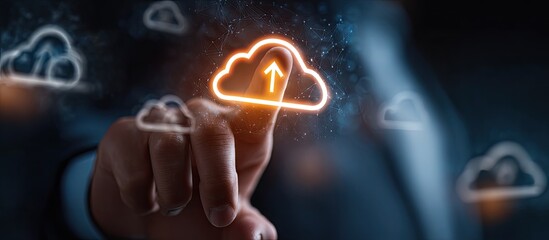 Hand interacting with glowing cloud upload symbol