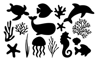 Collection of black silhouettes of sea animals including dolphins, fish, seahorses, starfish, turtles, shells and corals. These simple yet elegant vector icons are perfect for marine animals.