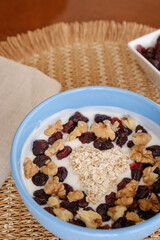 Healthy yogurt bowl with oat heart, walnuts and cranberries with copy space