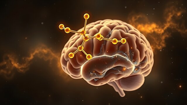 A golden molecular structure of spermidine floating above a brain-shaped nebula, glowing with energy.