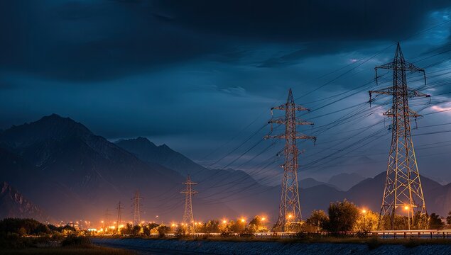 Power lines stretch across a mountain landscape at dusk
