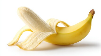 A freshly peeled banana lies on a clean white surface. The fruit's vibrant yellow color contrasts beautifully with its smooth, pale peel, enhancing its appealing nature