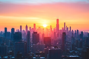Fototapeta premium Thriving Cityscape at Dusk Showcases Lucrative Investment Opportunities in a High Rise Metropolis