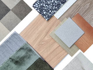 interior material samples contains green and grey draperies, wooden spc vinyl flooring tiles,...