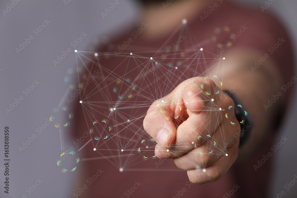 Poster image of a hand interacting with a digital network. perfect for tech, connection, and networking con