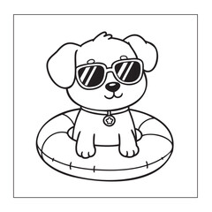 Cute Dog with Sunglasses in a Swim Ring, Summer Coloring Page