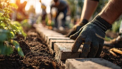 Naklejka premium Hands placing bricks in garden
