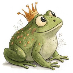 A royal frog prince with a golden crown slightly tilted on his head. His bright green skin has tiny golden spots, and he has a charming little smirk. His wide, round eyes sparkle with mystery