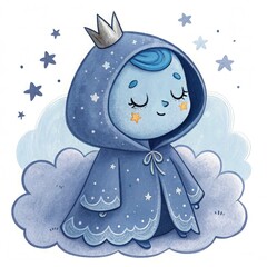 A sleepy moon spirit, shaped like a small, glowing blue child with twinkling star freckles on their cheeks. They wear a soft, cloud-like robe that shifts in color from deep indigo to light blue