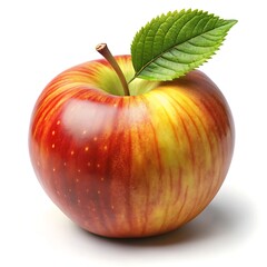 Fresh Red and Yellow Apple with Green Leaf on a White Background